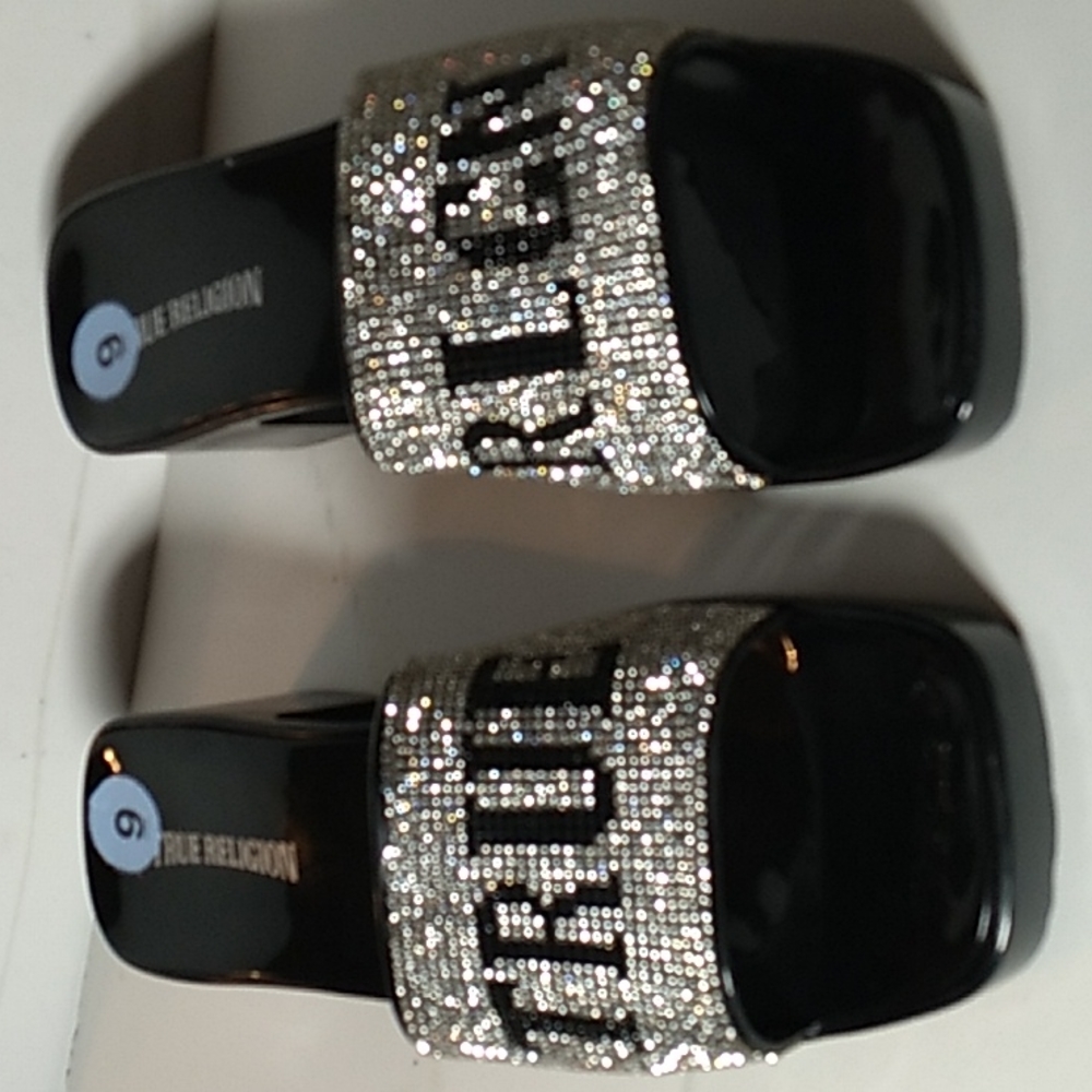 True Religion Bling Black Stones Silver Woman Size 9 Heels Slide On Shoes.